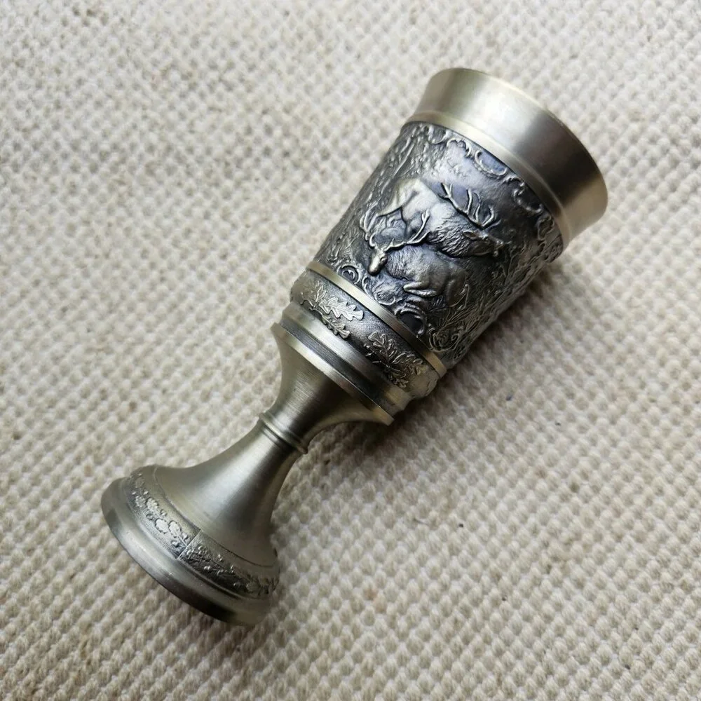 PEWTER Art 3D Hunting Scene Wine GOBLET Man smoking Pipe Deer Stag Leaf Chalice